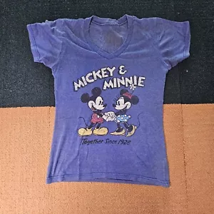 Disney Store Mickey Minnie 1928 Womens Vee T-Shirt Medium Blue Graphic SS K5a - Picture 1 of 9