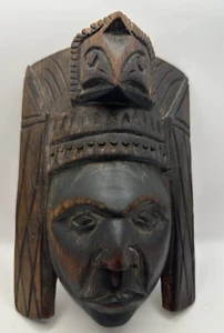 South American Inca Mayan Aztec Hand Carved Wooden Mask With Bird - Picture 1 of 12
