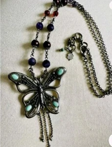 Vintage Lucky Brand  Butterfly Pendant Necklace 24” Turquoise & Amethyst - Picture 1 of 5