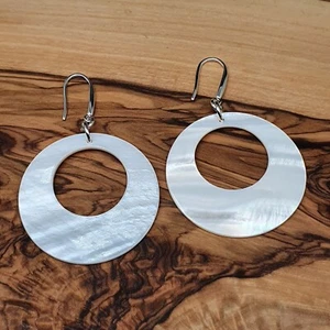 Shell Earrings White Hoop Natural Mother Of Pearl Dangle Drop Sterling Silver - Picture 1 of 24