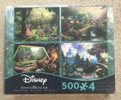 Thomas Kinkade Disney 4 in 1 Jigsaw Puzzle 500 piece Aurora Cinderella Mickey! - Image 1 of 2