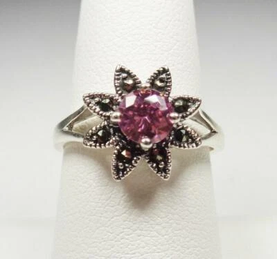 ANILLO ISLA PLATA ESTERLINA FLOR CON PIEDRA CIRCONITA ROSA Y MARCASITAS TALLA 7 8 9 Foto 1 de 4