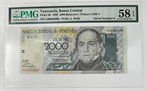 VENEZUELA 2000 BOLIVARES P 80 SERIE BASSA # 6 1998 PRE A 00000006 PMG AU 58 EPQ - Foto 1 di 2
