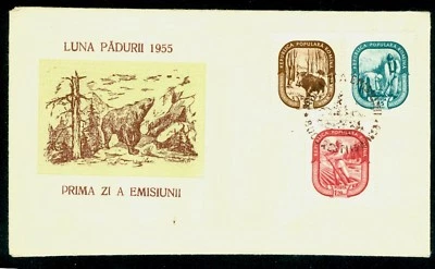 1955 Bear,Forest Month,Wild Boar,Trees,Logging,Peasant,Foret,Romania,1497,FDC/2 - Image 1 of 2