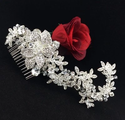Peine de pelo tiara flor reina concurso nupcial con cristal de Swarovski transparente plateado Foto 1 de 4