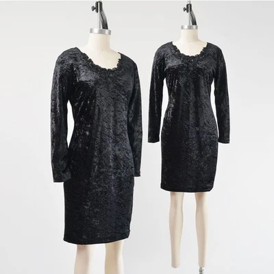 Vintage 90s Black Crushed Velvet Stretchy Body Con Beaded Lace Mini Dress S M - Image 1 of 4