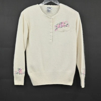 Suéter De Colección Granny Core Seda Angora Bordado Talla L Lana de Cordero Floral Perla Foto 1 de 4