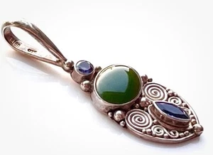 VTG 925 Silver Sajen Necklace PENDANT 2.5" Nephrite Jade Amethyst Blue Iolite - Picture 1 of 11