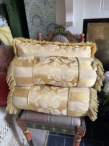 Gold Damask Cushion Set Handmade Trimmed X 3 Bolsters Vintage Bullion Bespoke - Picture 1 of 12