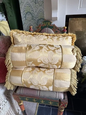 Gold Damask Cushion Set Handmade Trimmed X 3 Bolsters Vintage Bullion Bespoke - Image 1 of 4