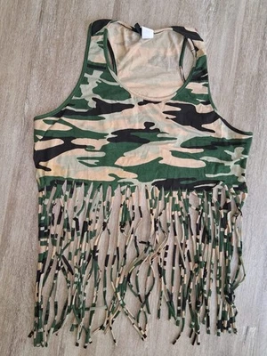 Cleo Camo Fringe Tank Top 2X Made in USA Green Camouflage Festival Boho - Image 1 of 4