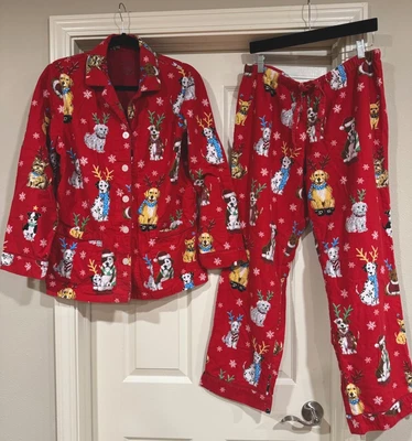 Conjunto de pijama feminino Nick & Nora vermelho Natal renas chifre cachorros flanela tamanho M - Imagem 1 de 4