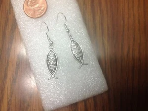 UNIQUE and Graceful Silver Tone Ichthus Christian Jesus Fish Earring or bronze - Picture 1 of 1