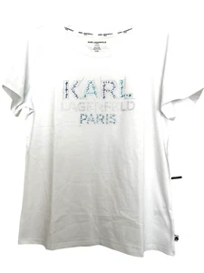 Karl Lagerfeld T-Shirt Women's🎁❤️White/Blue Logo Rhinestone Sz.M OR Sz.L NWT - Picture 1 of 5