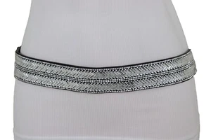 Women Dressy Fashion Black Elastic Band Belt Bling Silver Rhinestones Size S M - Picture 1 of 12