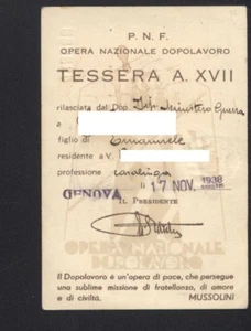 TESSERA P.N.F. OPERA NAZIONALE DOPOLAVORO ANNO 1938 GENOVA (35) - Imagen 1 de 2