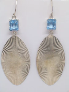 Silver 925 Earrings With Blue Synthetic Stones - Imitation Aquamarine - Picture 1 of 4