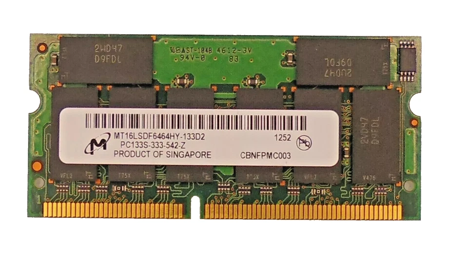 512MB 144p PC133 CL3 16c 32x8 SDRAM 3.3V SODIMM MT16LSDF6464HY-133D2 - Image 1 of 1