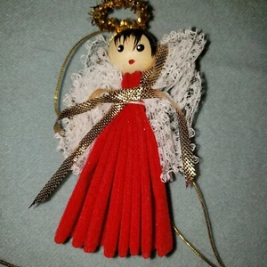 Vintage Angeli di Natale Fatto a Mano Nastro Vetrato Rosso Classico Mansarda Chic - Foto 1 di 6