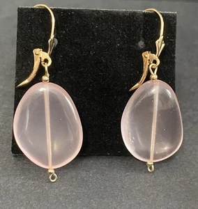 14k Solid Yellow Gold Pink Rose Quartz Dangle Pierced Earrings Finest Quality - Picture 1 of 11