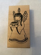 Copper Leaf  Wood Tribal woman Angel head dres Mounted Rubber Stamp band feather