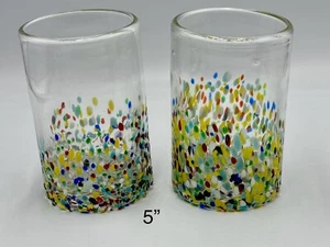 Set Of 2 Mexican Recycled Hand Blown Art Glass Tumblers Confetti Pattern 5” Tall - Picture 1 of 9