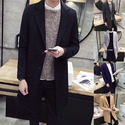 Mens Business Casual Korean Style Lapel Coat Midlength Single Breasted Jacket - Image 1 of 4