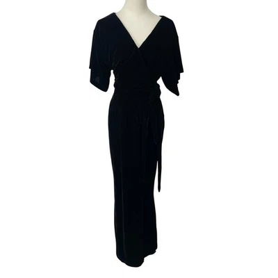 NWT Velvet Maxi Dress XXS Black Wrap V Neck Batwing Sleeve Whimsigoth High Slit - Image 1 of 4