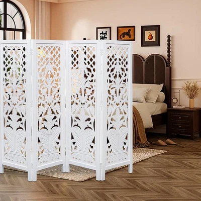 Room Divider Wood Screen Panel – White, 4-Panel Folding 64"x54", Hand-Carved,... - Image 1 of 4