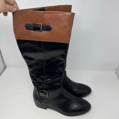 Botas de montar Rampage Ivey hasta la rodilla para mujer negras/marrones talla 9 imitación cuero Foto 1 de 4