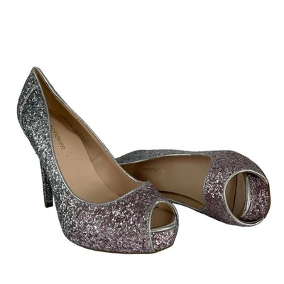 Zapato Marc Fisher Metálico Plateado Brillo Punta abierta Plataforma Tacón 9 Sirena Oficina Foto 1 de 4