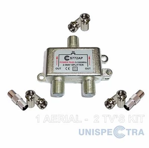 DC Power Pass Digital TV Splitter 1 AERIAL TO 2 TV's CONNECTORS PROFESSIONAL KIT - Picture 1 of 1