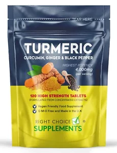 Turmeric Tablets 4000mg + Ginger + Black Pepper | 120 Tablets - UK Supplement - Picture 1 of 7