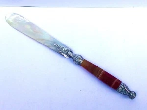 A 19th Century Solid Silver Agate and Mother of Pearl Paper Knife - Picture 1 of 8