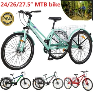 24/26/27.5inch Adult Mountain Tricycle 7Speed 3Wheel Cruiser Trike Bike w/Basket - Picture 1 of 32