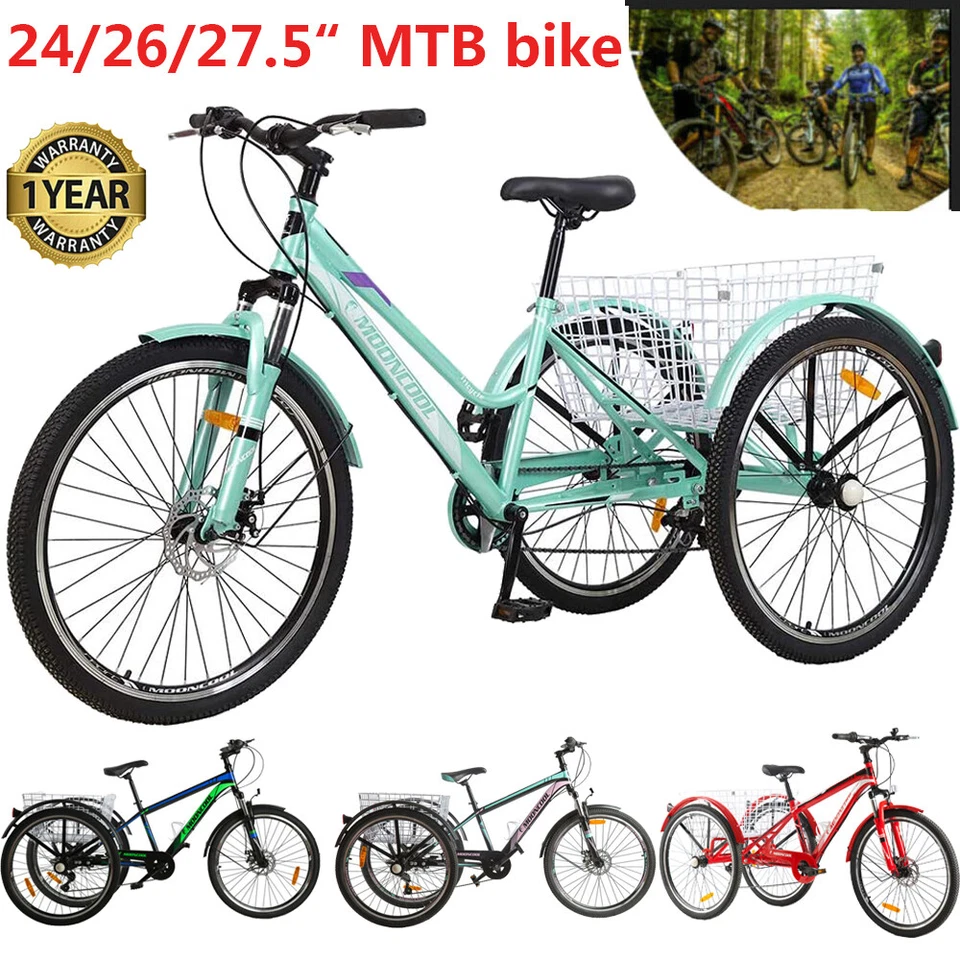 Triciclo de montanha adulto 24/26/27,5 polegadas 7 velocidades 3 rodas cruiser trike bike com cesta - Imagem 1 de 4