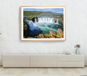 Rock Mountain Print, Waterfall Wall Art, Sky View Framed Nature Wall Art,Natural - Picture 1 of 5
