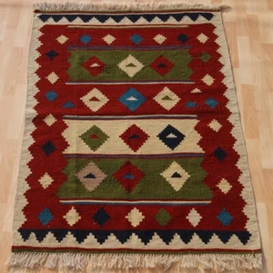 Decorative Kurdish handmade blue rectangle geometric durable old area rug 3X5ft - Picture 1 of 4
