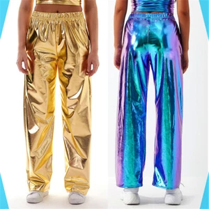 Pantalones de chándal brillantes metálicos para mujer Pantalones rectos de cintura alta Pantalones de hip hop - Imagen 1 de 14