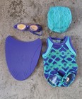 American Girl Goty 2009 Chrissa Swim Team Gear Swimsuit, Cap, Googles, Kickboard