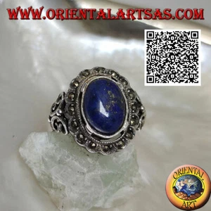 Anello in Argento 925‰ lapislazzulo ovale con marcassite e farfalla traforata - Foto 1 di 2