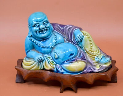 Vintage, Chinese, porelain ,happy Buddha statue, 5.5 x3 inches, fitted wooden st - Image 1 of 4