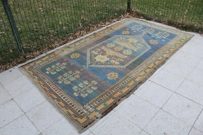 4x8 Blue Large Vintage Handmade Turkish Wool Oushak Area Rug Carpet, 55"x102" - Image 1 of 4
