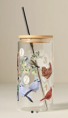 NUEVO VASO DE CRISTAL ANTHROPOLOGIE "12 DÍAS DE NAVIDAD" CON TAPA Y PAJITA~ 1CANOA2 Foto 1 de 4