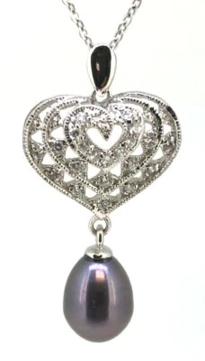 925 Sterling Silver Natural Gray Pearl Pendant, Simulated Diamond & 18" chain - Image 1 of 4
