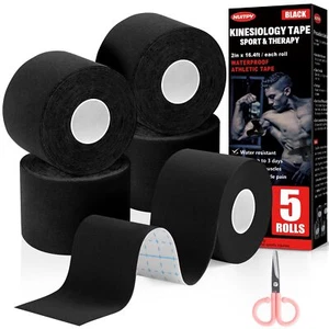 5 Rolls Waterproof Kinesiology Tape 2 inch x 16.4 Feet Black Cotton Athletic - Picture 1 of 7