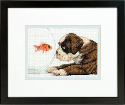COUNTED CROSS STITCH PATTERN ONLY - DOG BOWL (PUPPY LOOKING AT GOLD FISH) - Image 1 of 3