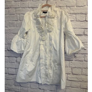 Ryu White Floral Ruffle Trim Coat Jacket Bell Sleeve Size Medium - Picture 1 of 10