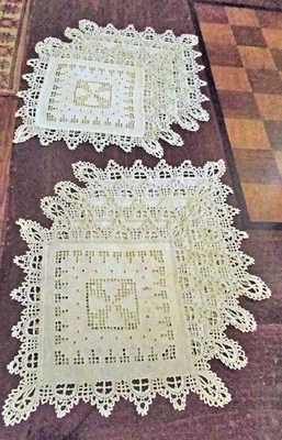 8 Vtg Cocktail Napkins White Linen Handmade Lace Geometric & Crochet - Imagem 1 de 3