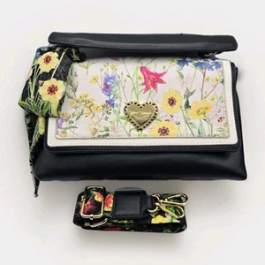 Betsey Johnson Black/Floral Crossbody Bag •Black Top Handle •Floral Canvas Strap - Picture 1 of 21